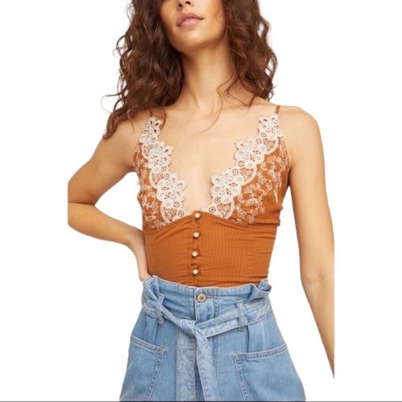 Free People Lace Button Up Smocked Stevie Cami Terracotta Copper L 0122 - Picture 5 of 12